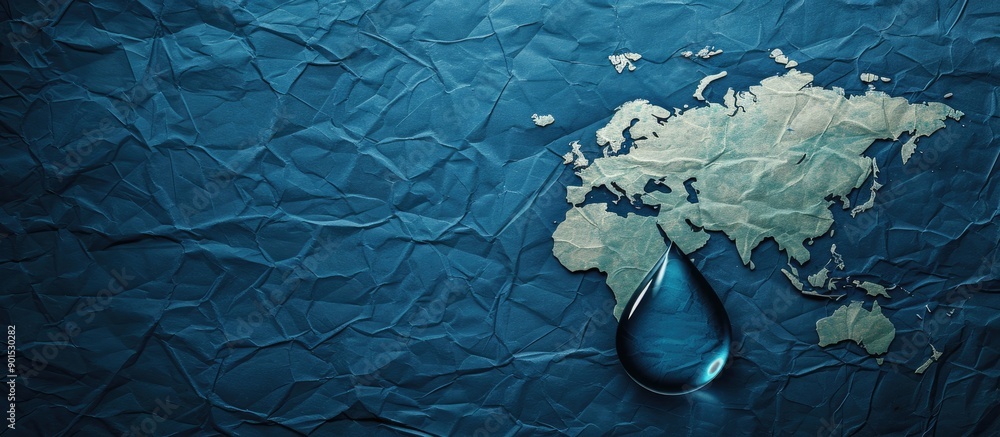 Poster top view of a water drop shape on paper featuring a world map on dark blue backdrop offering ample c