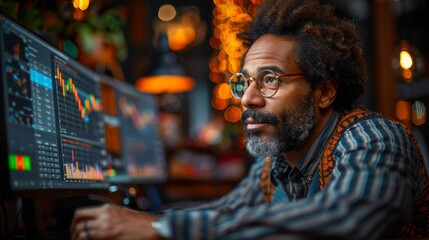 Fototapeta premium Focused Man Analyzing Stock Market Trends in Busy Cafe During Evening Hours. Generative AI