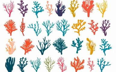 A set of hand drawn doodle coral reefs and sea kelp silhouettes. Illustration of marine aquarium plants. Colorful corals and seaweeds silhouettes.