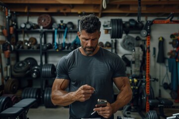 A muscular man with a well-defined physique stands in a gym filled with equipment, focused on his phone, capturing a moment of modern fitness routine and technology.