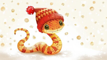 Fototapeta premium Cute cartoon snake in knitted hat, New Year's card in red and gold colors.Merry Christmas 2025