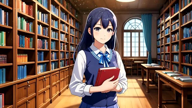 Anime girl in a library holding a book with shelves of books and a large window. Seamless looping 4k time-lapse animation video background