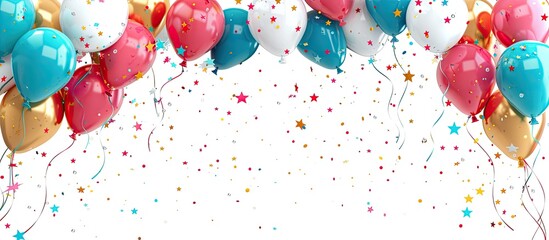 Colorful balloons and stars frame a copy space image for celebrating occasions like birthdays births parties engagements retirements and graduations