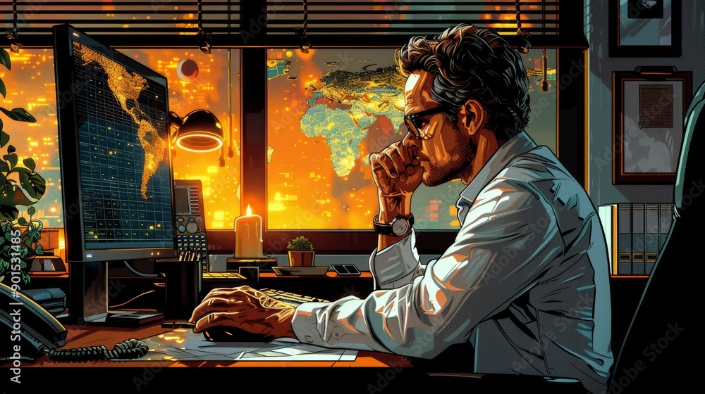 Poster professional man engaged in focused work at desk with global overview at dusk. generative ai