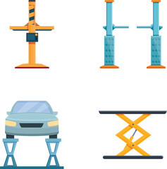 Automotive inspection icons set cartoon vector. Car lift stand tower with auto. Car service, wheel replacement