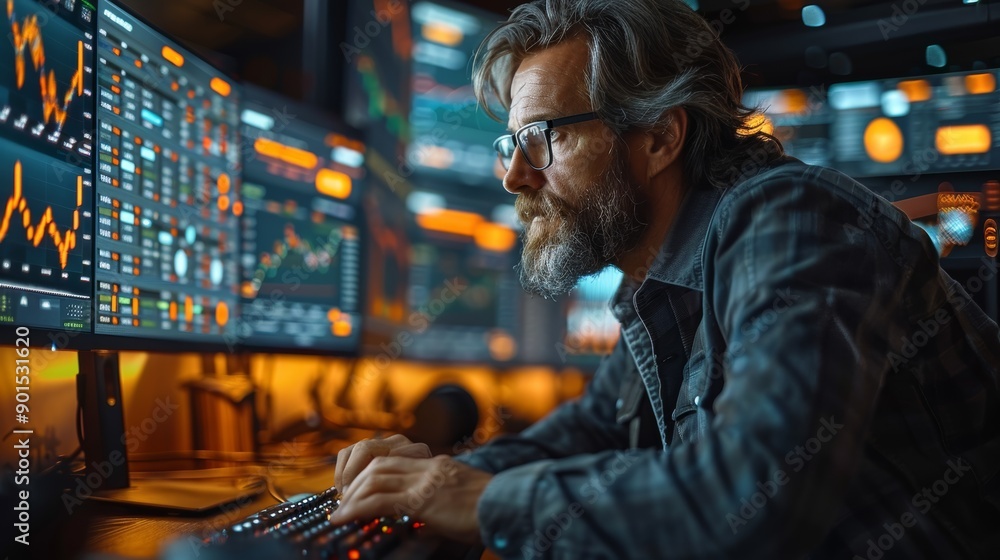 Poster focused professional analyzing data trends on multiple monitors during evening hours in a modern off