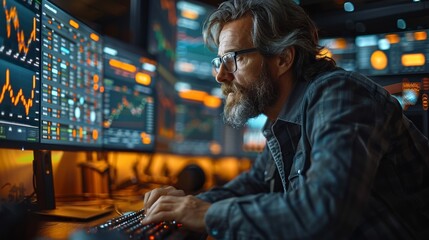 Focused Professional Analyzing Data Trends on Multiple Monitors During Evening Hours in a Modern Office. Generative AI