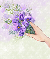 A bouquet of purple snowdrops, watercolor flowers in a woman's hand. Bouquet of spring flowers in hand, watercolor illustration isolated on a white background