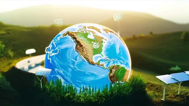 A green globe resting on grass with a background of blue sky and clouds, symbolizing Earth and its continents