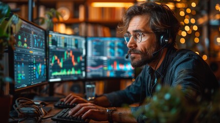 Obraz premium Focused Trader Engaged in Analyzing Financial Markets at Home During Evening Hours. Generative AI