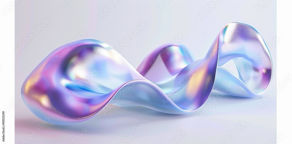 Poster the abstract curved shape of a future wave is composed of a transparent iridescent ribbon with a geo