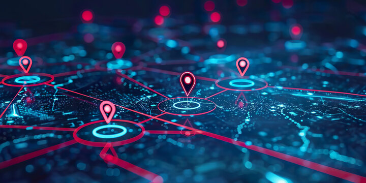 AI Driven GPS Delivery Route Map with Digital Pins Highlighting Locations