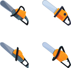 Saw icons set cartoon vector. Various hand tool for cutting wood. Woodcutter instrument