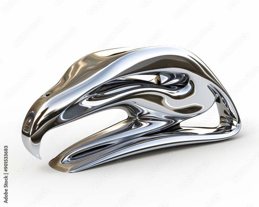 Poster organic fluid shape of an eye in 3d chrome metal on a white background. abstract liquid mercury meta