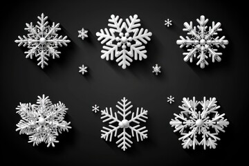 snowflakes in different shapes and forms. Many white cold flake elements on black background. 
