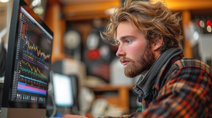 Fototapeta premium Focused Young Man Analyzing Market Trends on Computer During Evening in Cozy Workspace. Generative AI