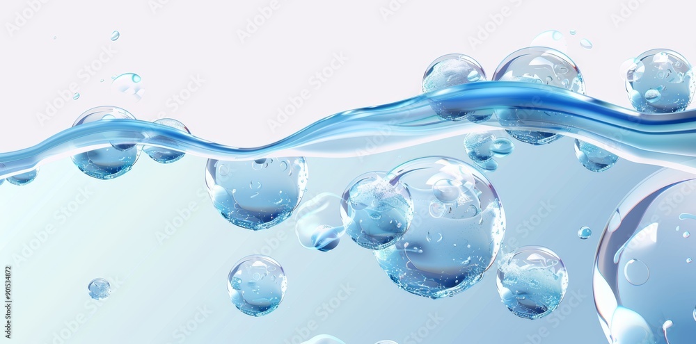 Poster a realistic effervescent drink with water bubbles and moving fizzing drops against an underwater fiz
