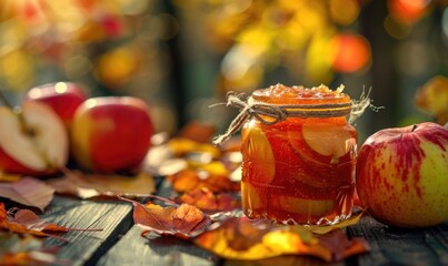 Apple jam in a decorative jar with autumn leaves and apples