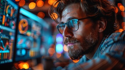 Fototapeta premium Focused Analyst Reviewing Data Trends in a Dimly Lit Office Environment at Night. Generative AI