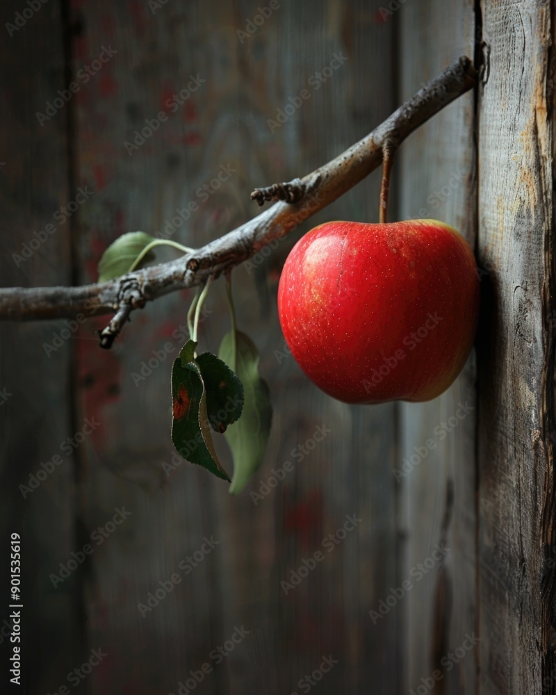 Poster apple on a branch with a rustic wooden fence in the background