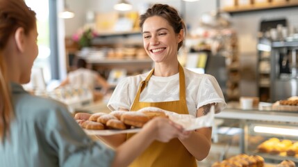 Smiling female baker and shop owner, captured in a candid moment, handing over an order to a customer in her bakery, highlighting her excellent customer service