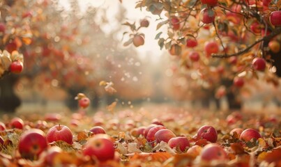Apple orchard with trees full of autumn apples fallen apples on the ground © TheoTheWizard