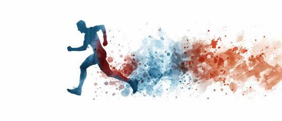 Runner in mid-stride, painted in a dynamic watercolor style with energetic splashes, on a white background