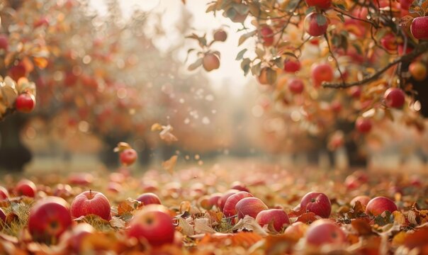 Apple orchard with trees full of autumn apples fallen apples on the ground