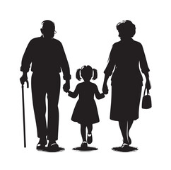 grandparents walking with granddaughter Silhouette  vector Illustration icon