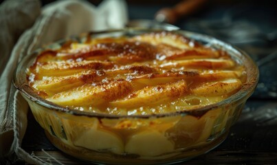 Apple pudding in a glass dish
