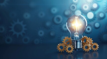 Light bulb emitting a glow, intertwined with cogwheel gears, background symbolizing engineering mechanisms, and copy space
