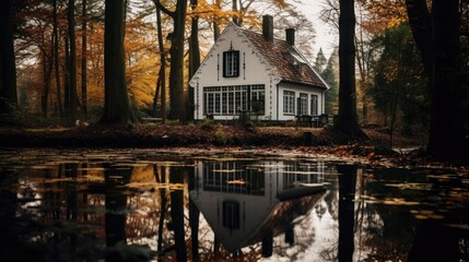 Fototapeta premium an old white and black house in the woods