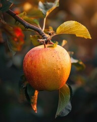 Apple with a bee nearby early morning light