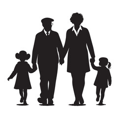 grandparents walking with granddaughter Silhouette  vector Illustration icon