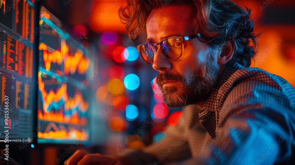 Poster man analyzing financial data on multiple screens in a dimly lit office setting. generative ai
