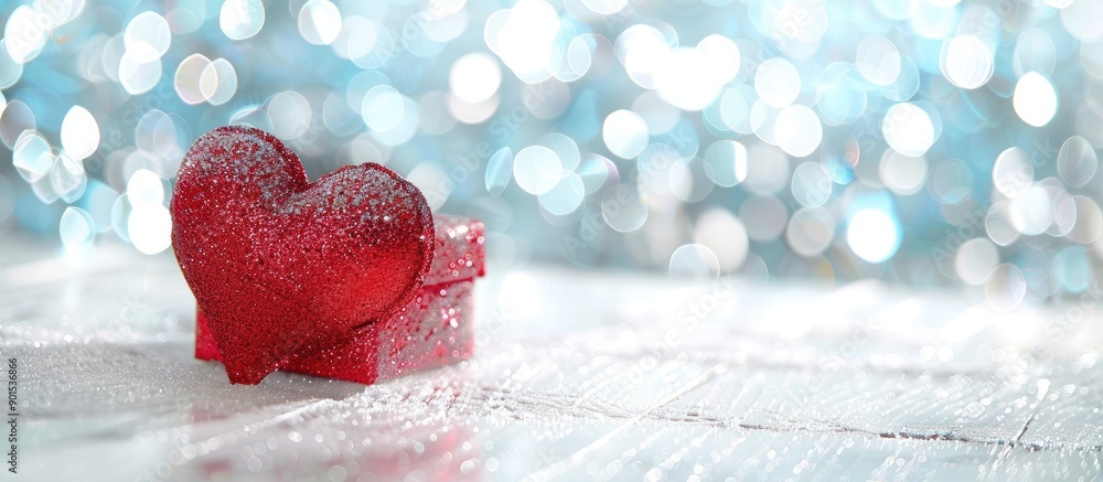 Poster red heart-shaped gift box on white table with a festive background, suitable for displaying text or 