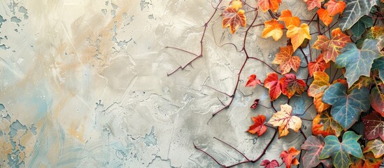Nature background with vibrant and beautiful fall colors in vine leaves on a wall, providing copy space image.