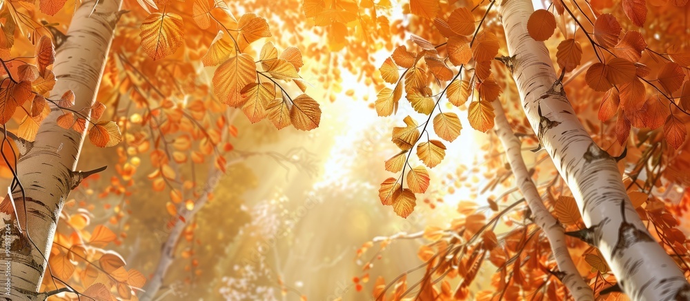 Poster sunlight bathes fall-colored birch leaves, creating a picturesque scene with a space for text or gra
