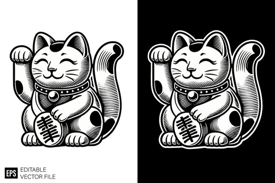 maneki neko illustration black and white silhouette graphic clip art vector design
