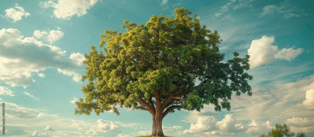 Poster scenic view of a large tree against a backdrop of sky and clouds, perfect for background copy space 