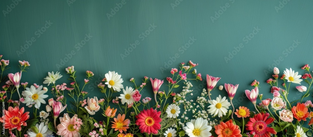 Poster top view of a festive flower composition on a green board creates a spring background with a decorat