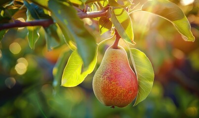 Close-up of a ripe pear hanging from a tree branch