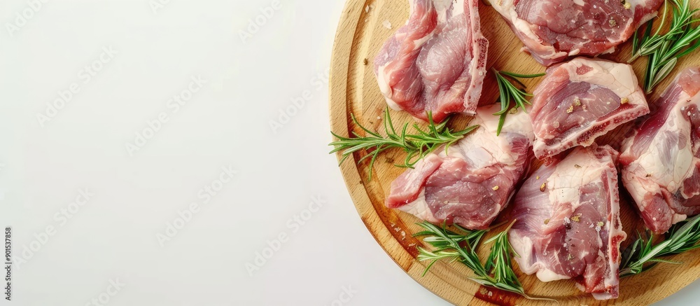 Poster top view of uncooked rabbit meat on a cutting board against a white backdrop, with empty space for a