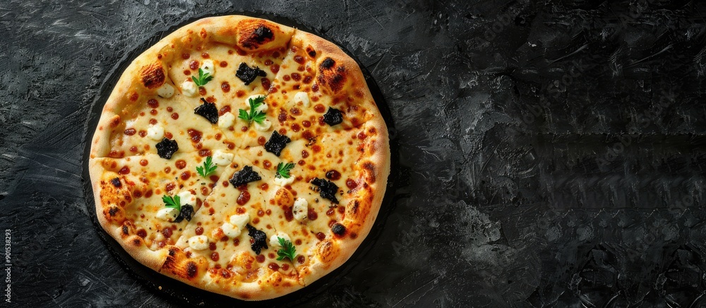 Poster pizza with mozzarella and black truffle, displayed with copy space image.