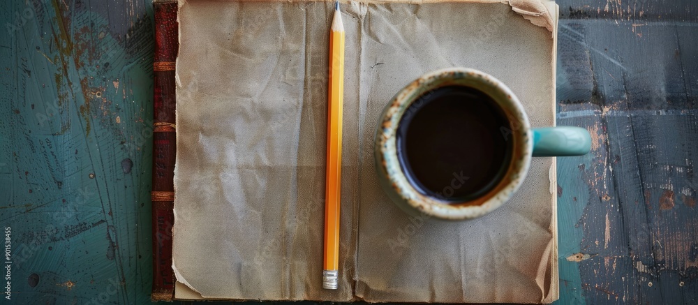 Poster top-down view of a book with a pencil and a coffee cup arranged neatly, providing a visually appeali