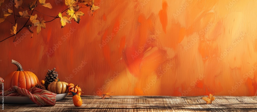 Poster thanksgiving ambiance with an orange wall background on an empty wooden table set with a place mat a