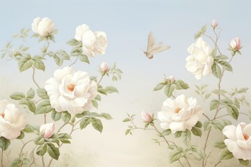 Fototapeta premium Painting of vintage white rose blooms border blossom pattern flower.
