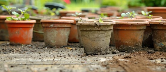 Fototapeta premium Garden with empty, dirty plastic plant pots, offering a copy space image.