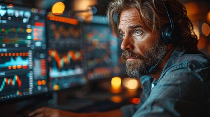 Obraz premium Focused Man Analyzing Financial Data on Multiple Screens During Evening Hours. Generative AI