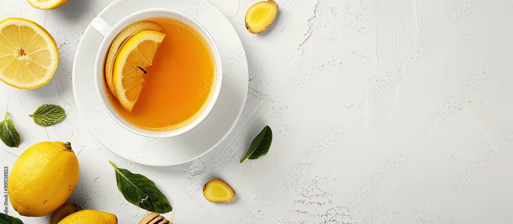 Poster top view of a ginger tea cup with lemon and honey on a white background with copy space image.